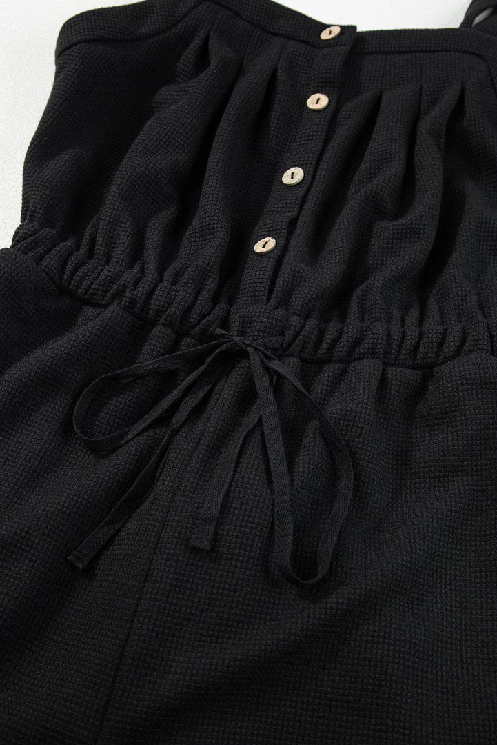 Black Knotted Straps Button Textured Drawstring Jumpsuit - Fashion Queen -  10