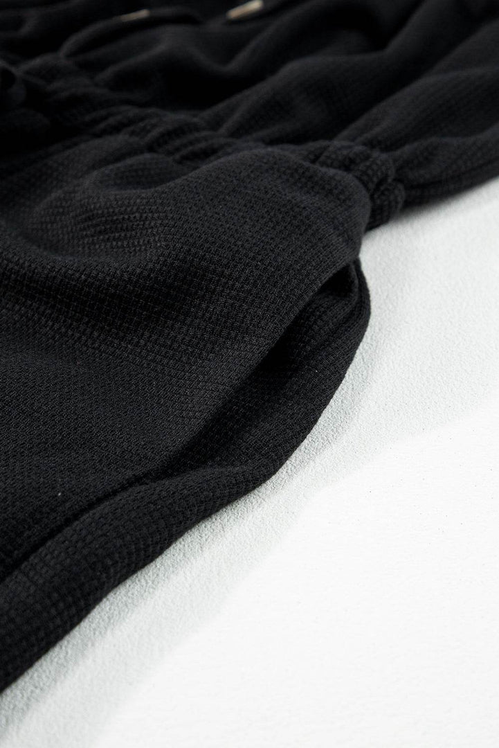 Black Knotted Straps Button Textured Drawstring Jumpsuit - Fashion Queen -  11