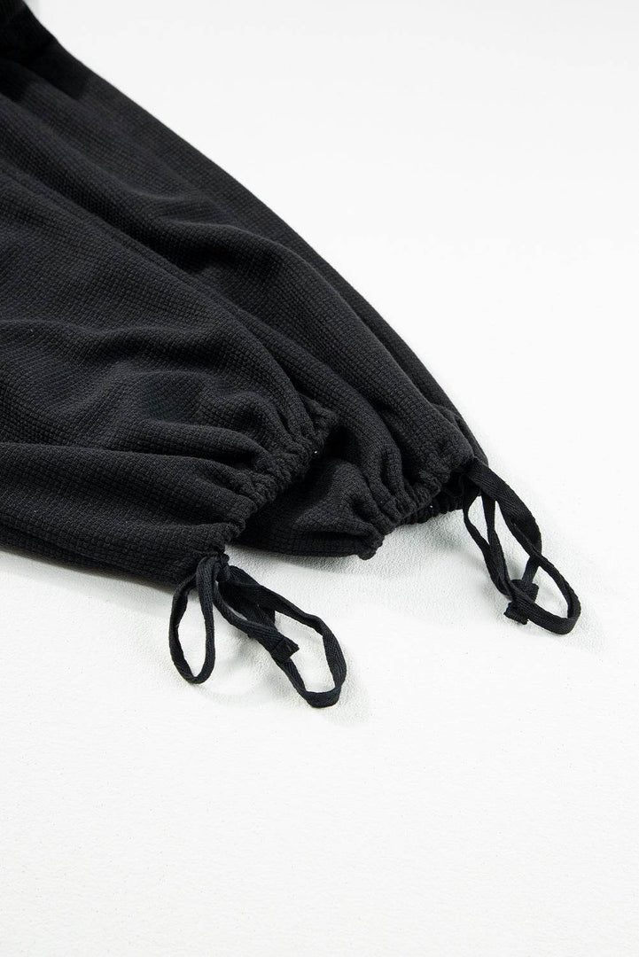 Black Knotted Straps Button Textured Drawstring Jumpsuit - Fashion Queen -  12