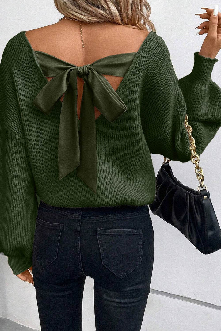 Black Lantern Sleeve V Neck Knot Back Sweater - Fashion Queen -  10