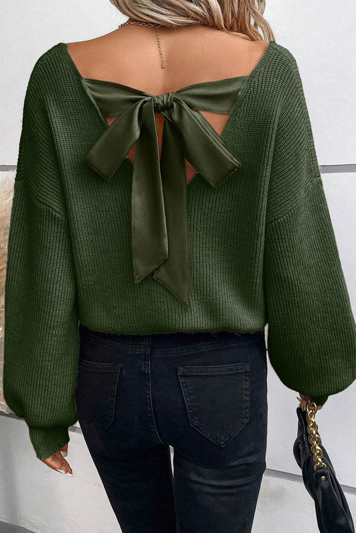 Black Lantern Sleeve V Neck Knot Back Sweater - Fashion Queen -  12
