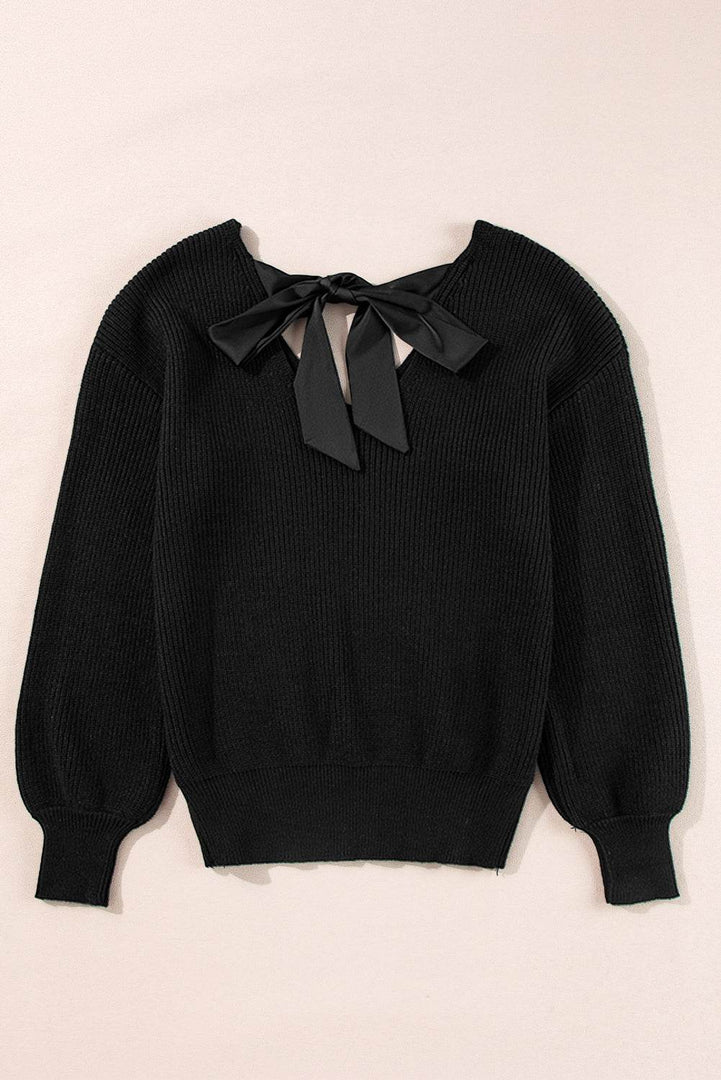 Black Lantern Sleeve V Neck Knot Back Sweater - Fashion Queen -  14