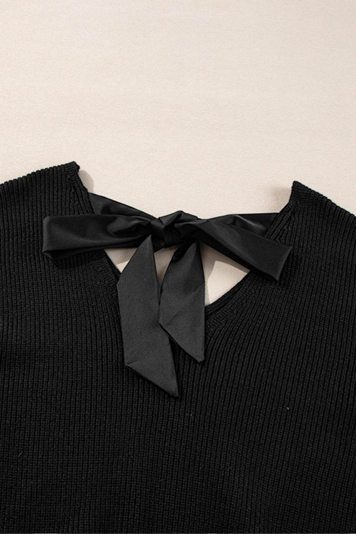 Black Lantern Sleeve V Neck Knot Back Sweater - Fashion Queen -  16