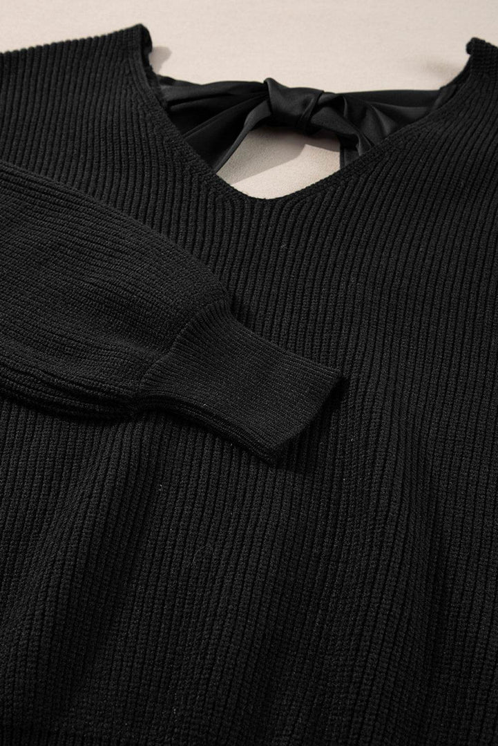 Black Lantern Sleeve V Neck Knot Back Sweater - Fashion Queen -  17