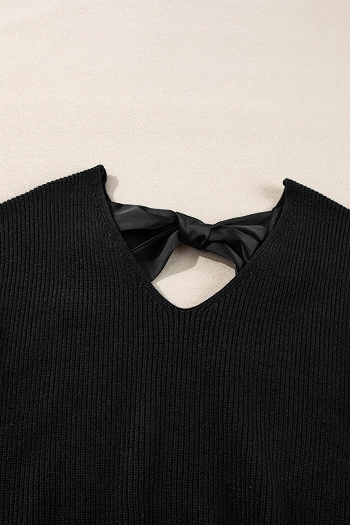 Black Lantern Sleeve V Neck Knot Back Sweater - Fashion Queen -  18