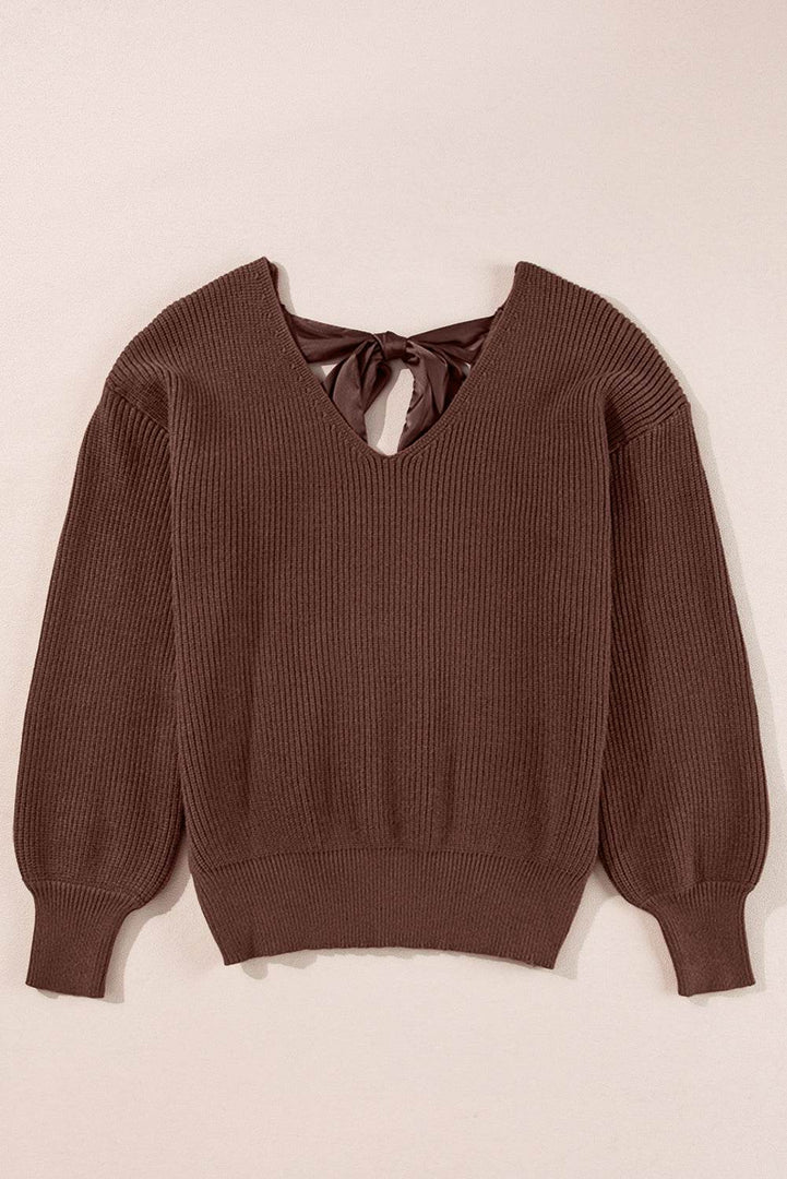 Black Lantern Sleeve V Neck Knot Back Sweater - Fashion Queen -  20