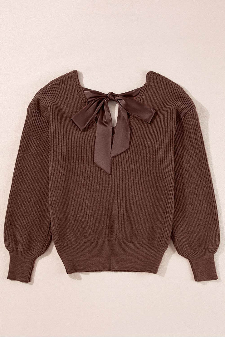 Black Lantern Sleeve V Neck Knot Back Sweater - Fashion Queen -  21