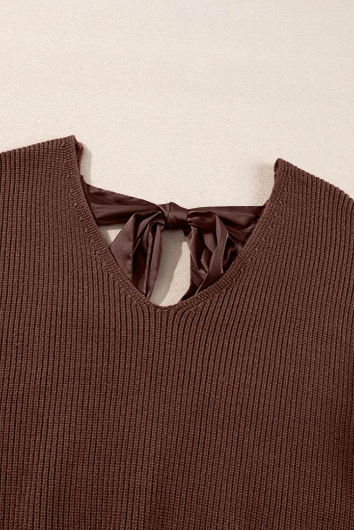 Black Lantern Sleeve V Neck Knot Back Sweater - Fashion Queen -  24