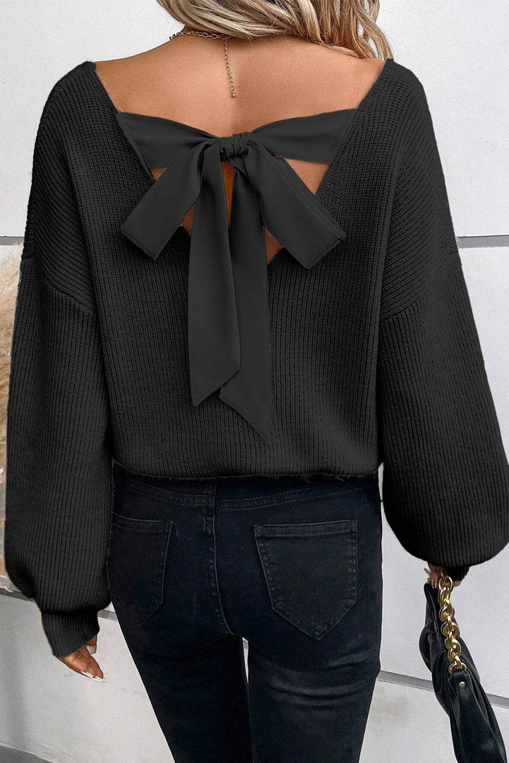Black Lantern Sleeve V Neck Knot Back Sweater - Fashion Queen -  3