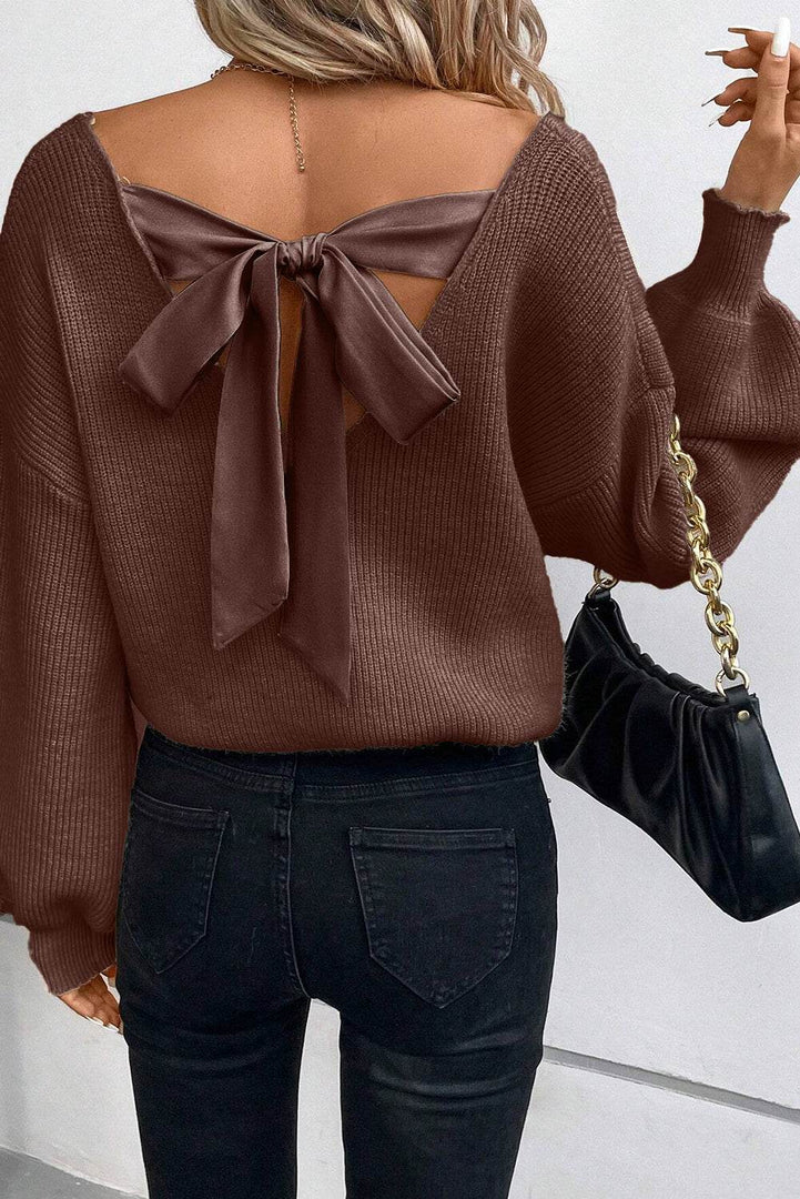 Black Lantern Sleeve V Neck Knot Back Sweater - Fashion Queen -  4