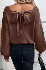Load image into Gallery viewer, Black Lantern Sleeve V Neck Knot Back Sweater - Fashion Queen -  6
