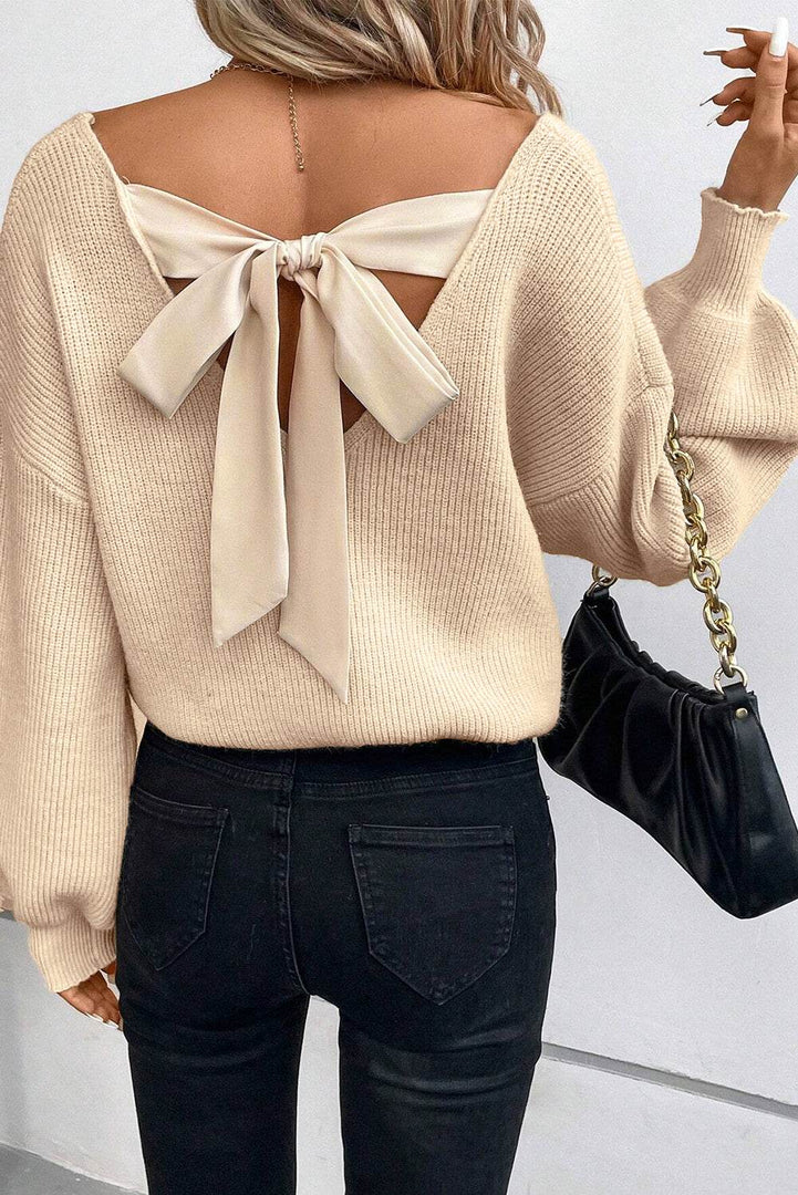 Black Lantern Sleeve V Neck Knot Back Sweater - Fashion Queen -  7