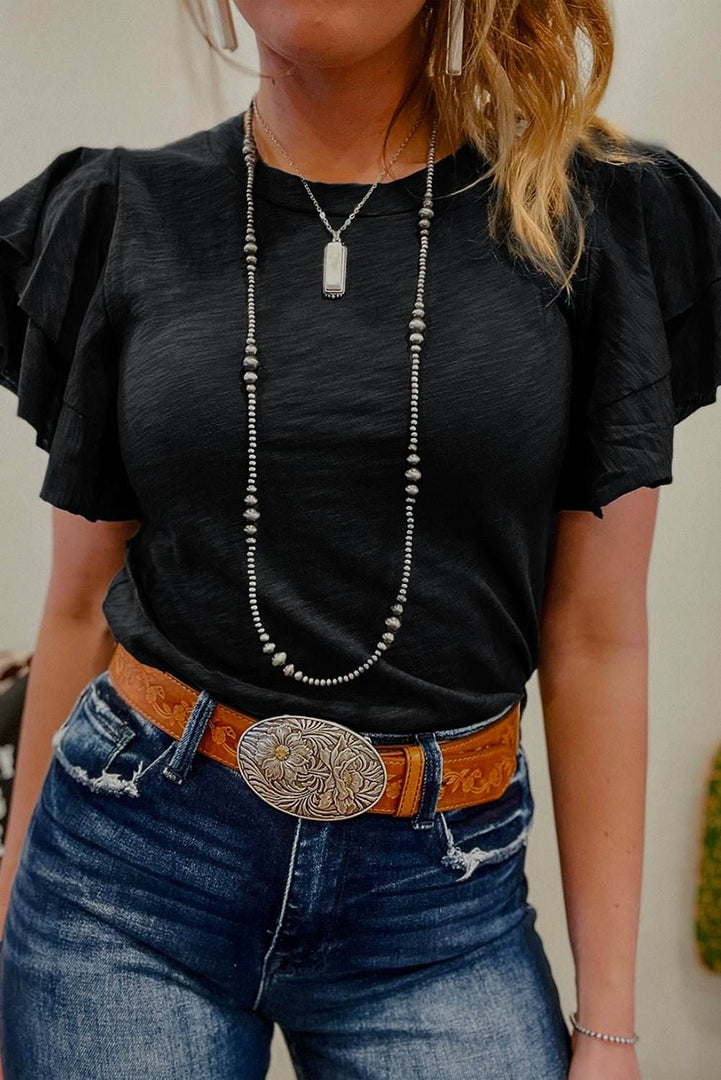 Black Layered Ruffle Short Sleeve Round Neck Top - Fashion Queen -  1