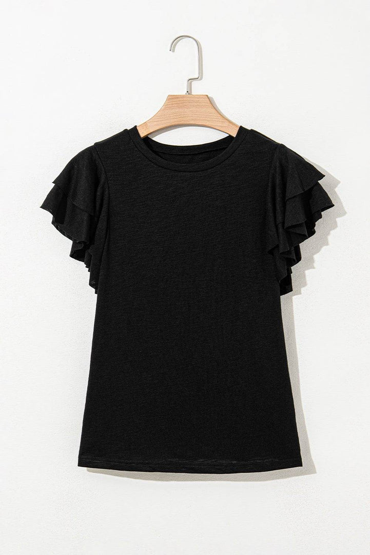 Black Layered Ruffle Short Sleeve Round Neck Top - Fashion Queen -  10