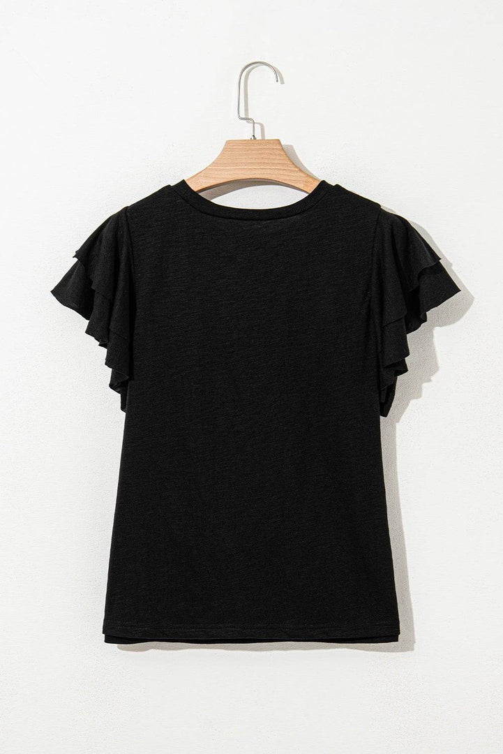 Black Layered Ruffle Short Sleeve Round Neck Top - Fashion Queen -  11