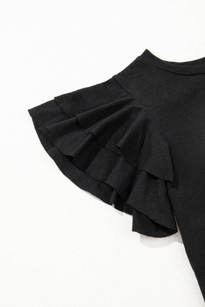 Black Layered Ruffle Short Sleeve Round Neck Top - Fashion Queen -  13