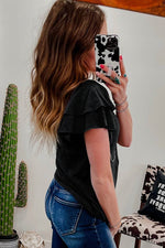 Load image into Gallery viewer, Black Layered Ruffle Short Sleeve Round Neck Top - Fashion Queen -  2
