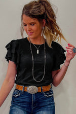 Load image into Gallery viewer, Black Layered Ruffle Short Sleeve Round Neck Top - Fashion Queen -  3
