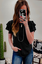 Load image into Gallery viewer, Black Layered Ruffle Short Sleeve Round Neck Top - Fashion Queen -  5
