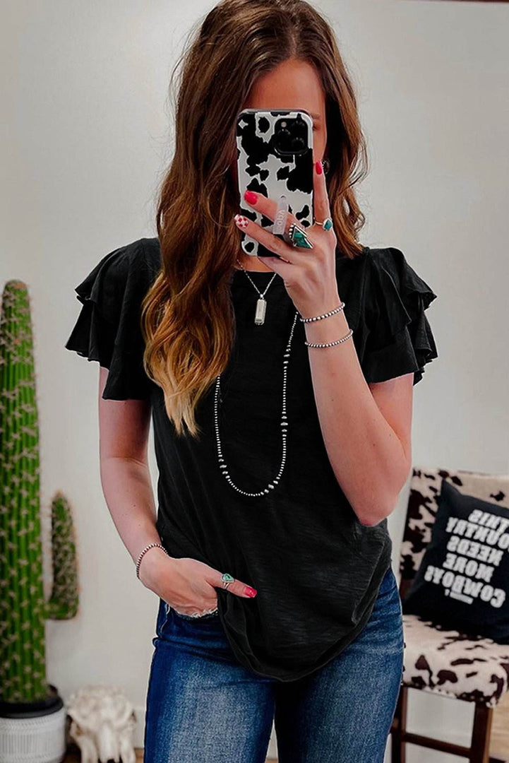 Black Layered Ruffle Short Sleeve Round Neck Top - Fashion Queen -  5