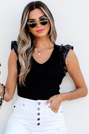 Black Leatherette Ruffle Patchwork Ribbed V Neck Bodysuit - Fashion Queen -  1