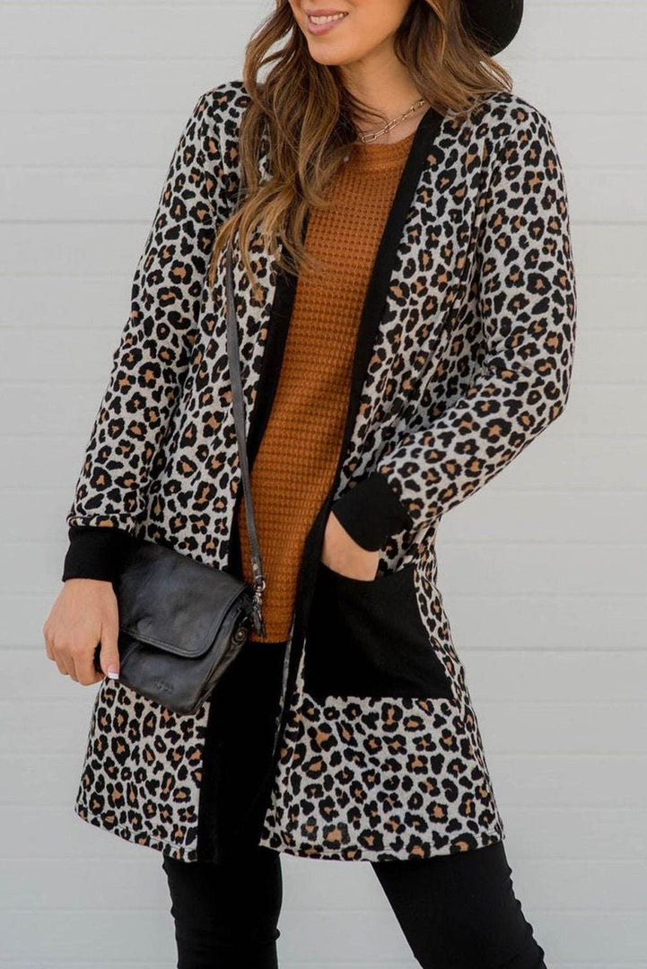 Black Leopard Patched Pocket Open Front Cardigan - Fashion Queen -  1