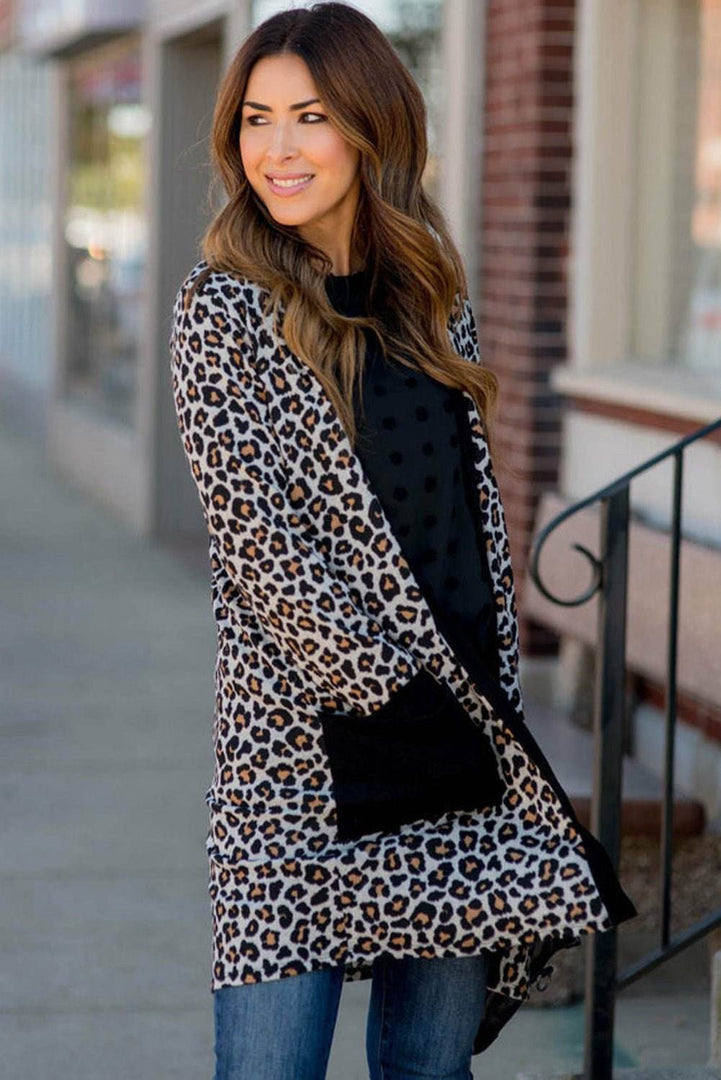 Black Leopard Patched Pocket Open Front Cardigan - Fashion Queen -  12