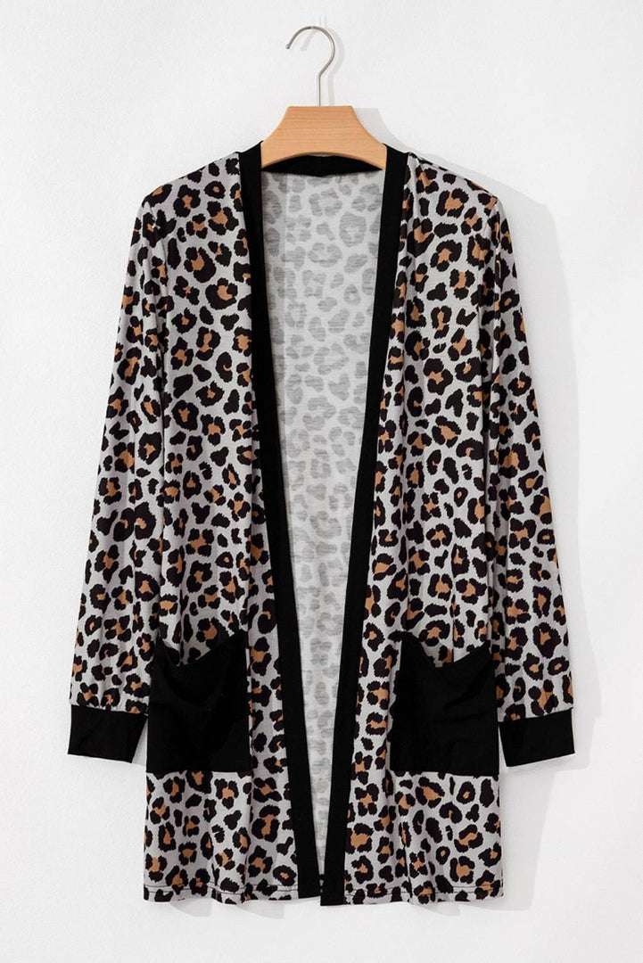 Black Leopard Patched Pocket Open Front Cardigan - Fashion Queen -  13