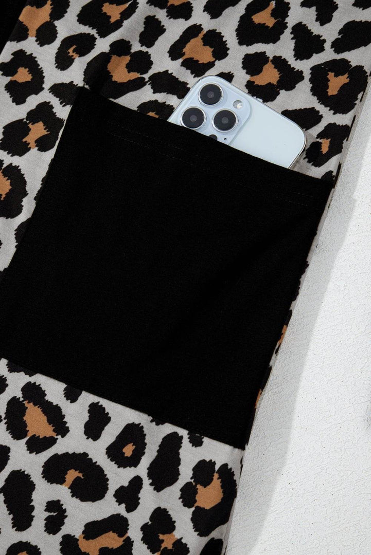 Black Leopard Patched Pocket Open Front Cardigan - Fashion Queen -  16