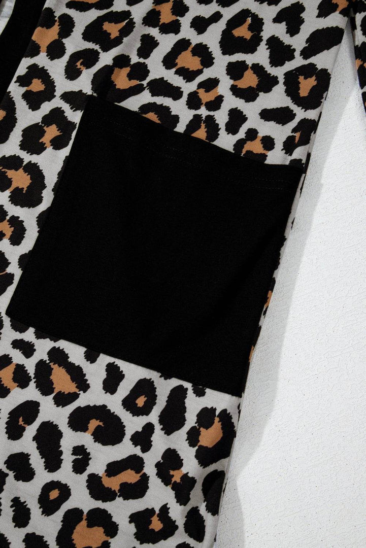 Black Leopard Patched Pocket Open Front Cardigan - Fashion Queen -  18