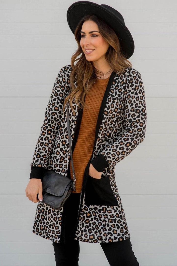 Black Leopard Patched Pocket Open Front Cardigan - Fashion Queen -  2