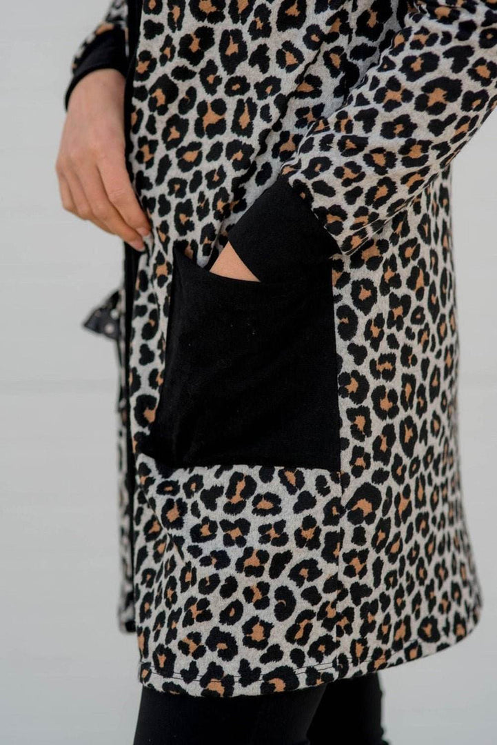 Black Leopard Patched Pocket Open Front Cardigan - Fashion Queen -  3