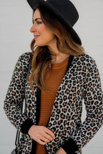Load image into Gallery viewer, Black Leopard Patched Pocket Open Front Cardigan - Fashion Queen -  4
