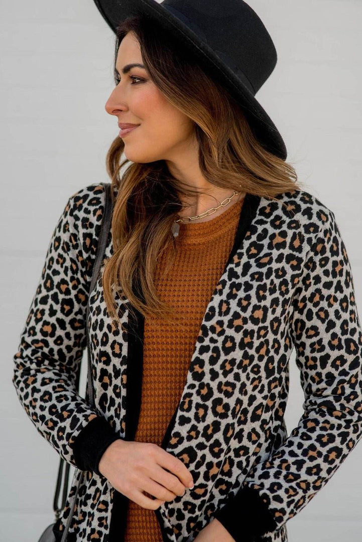 Black Leopard Patched Pocket Open Front Cardigan - Fashion Queen -  4