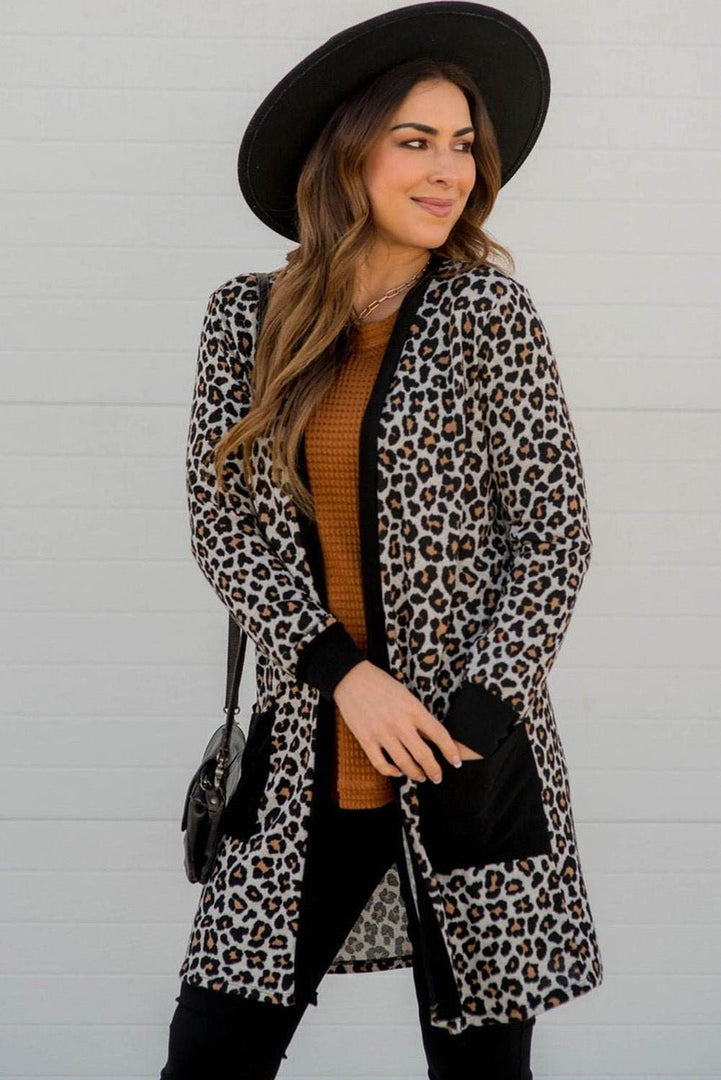 Black Leopard Patched Pocket Open Front Cardigan - Fashion Queen -  5