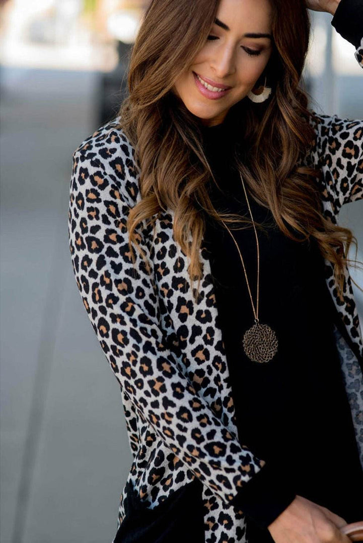 Black Leopard Patched Pocket Open Front Cardigan - Fashion Queen -  6