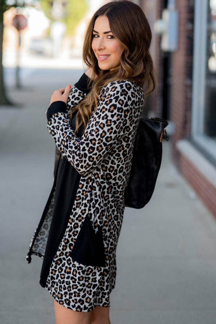 Black Leopard Patched Pocket Open Front Cardigan - Fashion Queen -  8