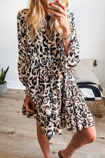 Load image into Gallery viewer, Black Leopard Print Buttoned Front 3/4 Sleeve Tiered Ruffled Hem Dress - Fashion Queen -  1
