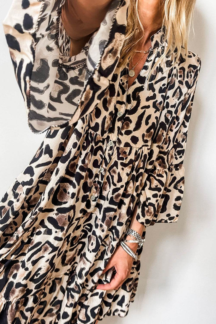 Black Leopard Print Buttoned Front 3/4 Sleeve Tiered Ruffled Hem Dress - Fashion Queen -  10