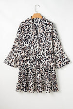 Load image into Gallery viewer, Black Leopard Print Buttoned Front 3/4 Sleeve Tiered Ruffled Hem Dress - Fashion Queen -  11
