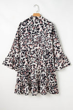 Load image into Gallery viewer, Black Leopard Print Buttoned Front 3/4 Sleeve Tiered Ruffled Hem Dress - Fashion Queen -  12

