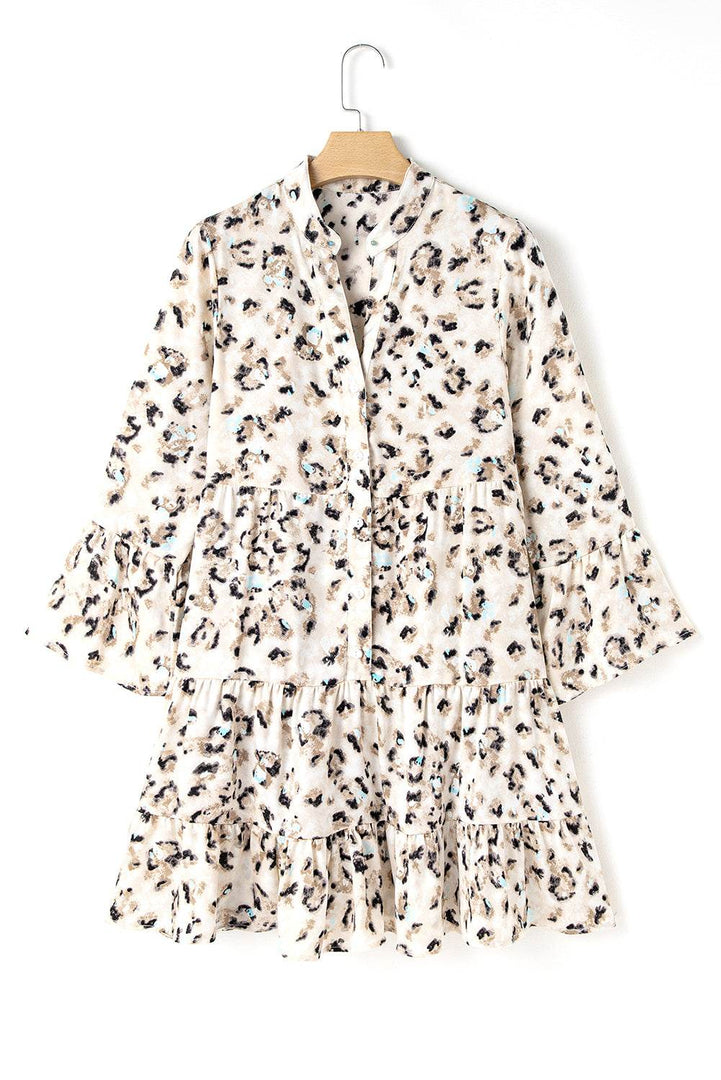 Black Leopard Print Buttoned Front 3/4 Sleeve Tiered Ruffled Hem Dress - Fashion Queen -  19