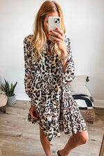 Load image into Gallery viewer, Black Leopard Print Buttoned Front 3/4 Sleeve Tiered Ruffled Hem Dress - Fashion Queen -  2
