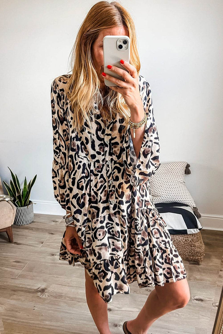 Black Leopard Print Buttoned Front 3/4 Sleeve Tiered Ruffled Hem Dress - Fashion Queen -  2