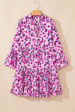 Load image into Gallery viewer, Black Leopard Print Buttoned Front 3/4 Sleeve Tiered Ruffled Hem Dress - Fashion Queen -  28
