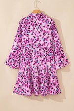 Load image into Gallery viewer, Black Leopard Print Buttoned Front 3/4 Sleeve Tiered Ruffled Hem Dress - Fashion Queen -  29

