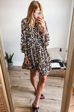 Load image into Gallery viewer, Black Leopard Print Buttoned Front 3/4 Sleeve Tiered Ruffled Hem Dress - Fashion Queen -  3
