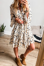 Load image into Gallery viewer, Black Leopard Print Buttoned Front 3/4 Sleeve Tiered Ruffled Hem Dress - Fashion Queen -  4
