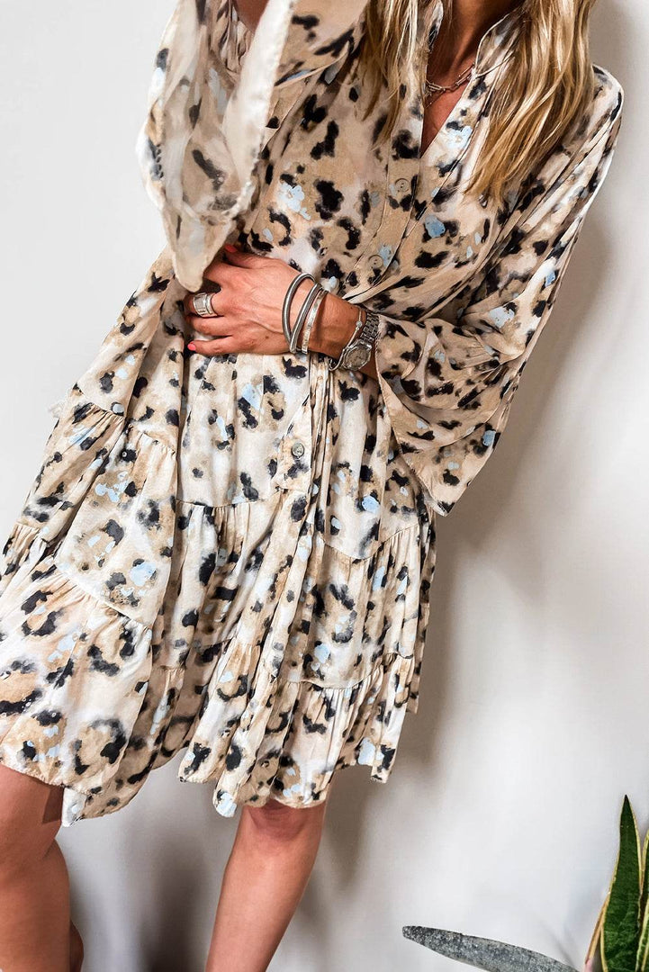 Black Leopard Print Buttoned Front 3/4 Sleeve Tiered Ruffled Hem Dress - Fashion Queen -  5