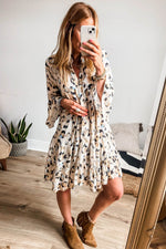 Load image into Gallery viewer, Black Leopard Print Buttoned Front 3/4 Sleeve Tiered Ruffled Hem Dress - Fashion Queen -  6
